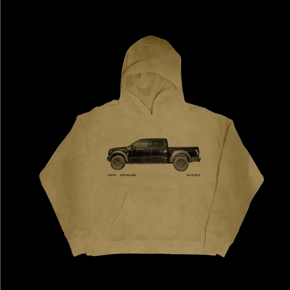 POST MALONE GARMENT DYED HOODIE FEATURING AUSTIN TRUCK GRAPHIC ON FRONT.
